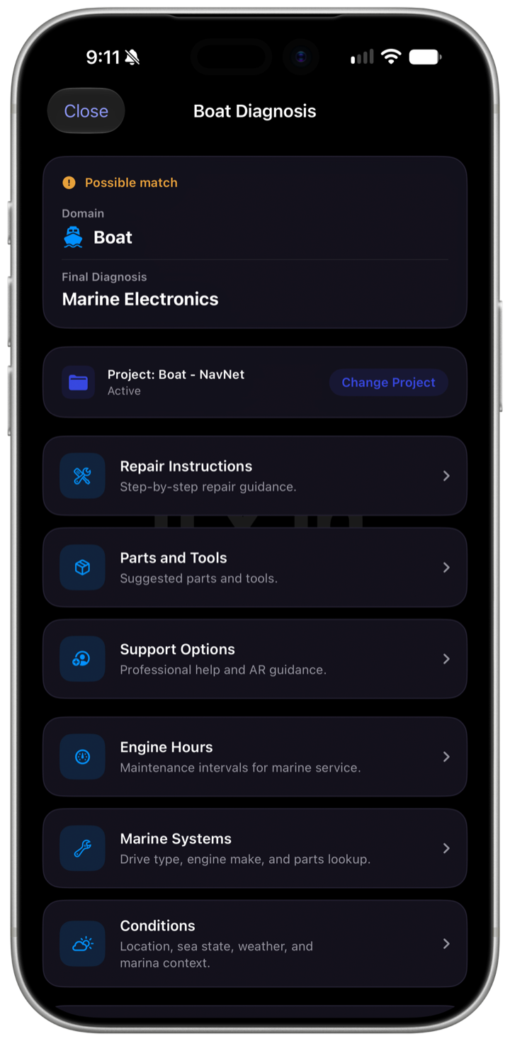 A boat diagnosis naming Marine Electronics, with repair instructions, parts and tools, engine hours and marine systems below it