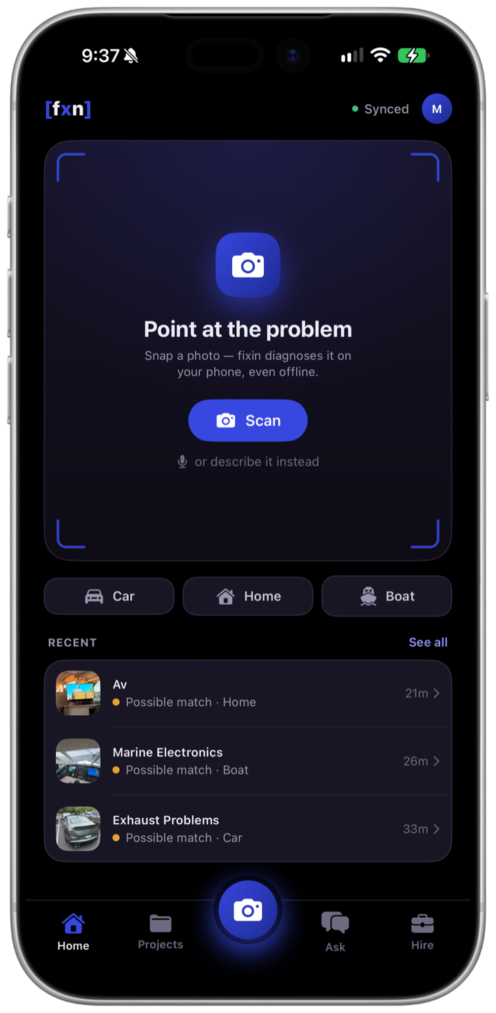 The fixin home screen: a viewfinder frame reading "Point at the problem" above a Scan button, Car, Home and Boat shortcuts, and a list of recent diagnoses