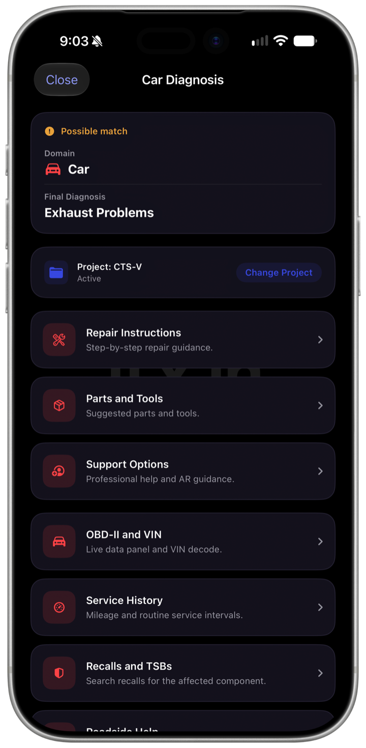 A car diagnosis naming Exhaust Problems, marked a possible match, with repair instructions, parts and tools, OBD-II and service history below it