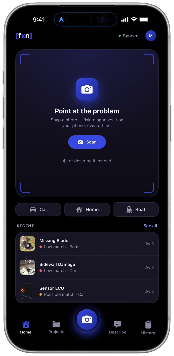 The fixin home screen: a viewfinder frame reading "Point at the problem" above a Scan button, Car, Home and Boat shortcuts, and a list of recent diagnoses