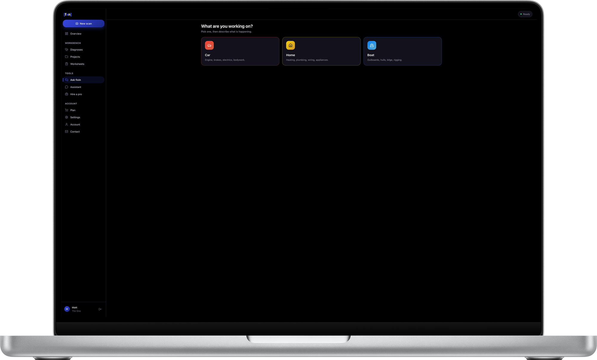 The Ask fixin screen — "What are you working on?" above three cards for Car, Home and Boat, each listing the systems it covers